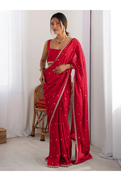 MYSMAR Red Rangoli Silk Saree Set - FFT5809 | Red