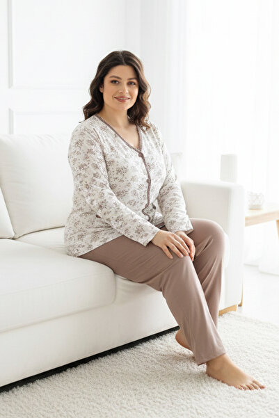 Aydoğan Large Size Women's Front Buttoned Long Sleeve Crochet Cotton Pajama S...