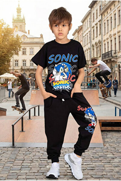 STYLENEST Siyah Sonic Baskılı Erkek Çocuk Eşofman Takımı – Kısa Kollu Tişört ...