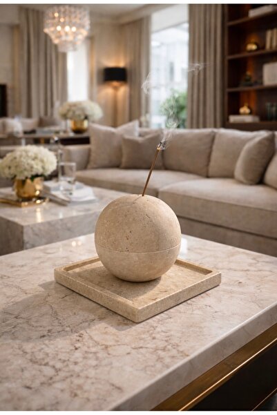 NZCollection Premium Traverten Taş Tütsü Seti – Küre Form, Dekoratif Masa Üst...