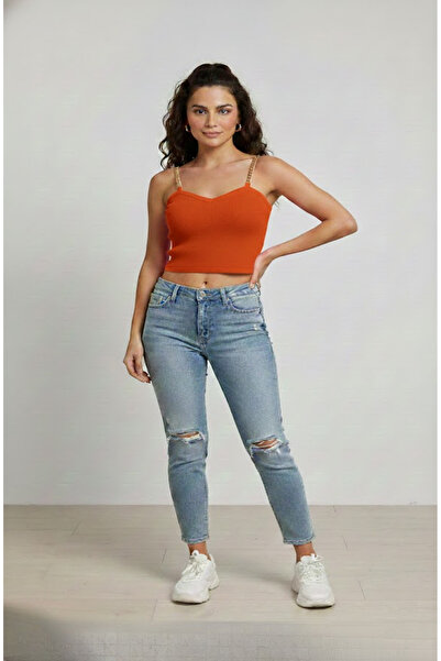 NWM Kadın Siyah Zincir Askılı Kalp Yaka Crop Büstiyer