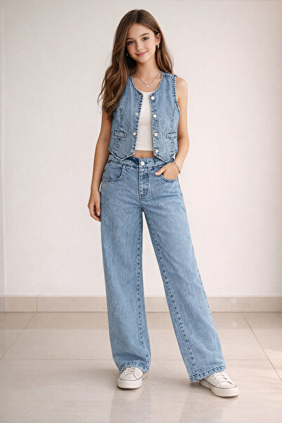 MENSİS 896-02-26 Girl's Denim Vest and Wide-Leg Pants Set – Casual Stylish Je...