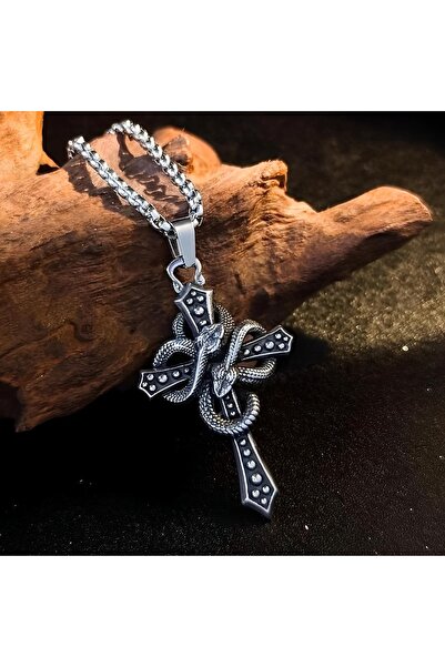 FG KONNİCHİWA Yılan Figürlü Gotik Haç Kolyesi – Antik Gümüş Görünümlü Unisex ...