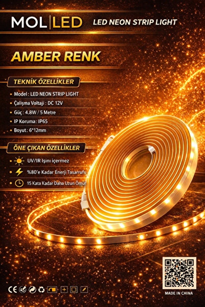 MOL LED Neon Şerit Işık Amber 12V 5 Metre IP65 Su Geçirmez 6x12mm