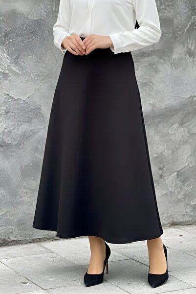 İmajButik Black Elastic Waist Scuba Flared Skirt