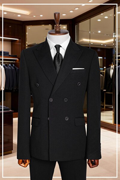 Salihtarzz İtalyan Kesim Slim Fit Siyah Kruvaze Takım Elbise | Yaka Puntolu Ö...