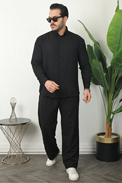 comstar Men's Trend Linen Shirt Baggy Tracksuit Black Two-Piece Set