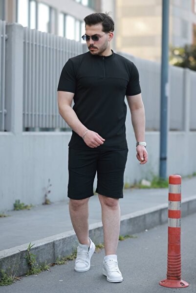 comstar Men's Zippered T-Shirt Basic Shorts Black Summer Two-Piece Set