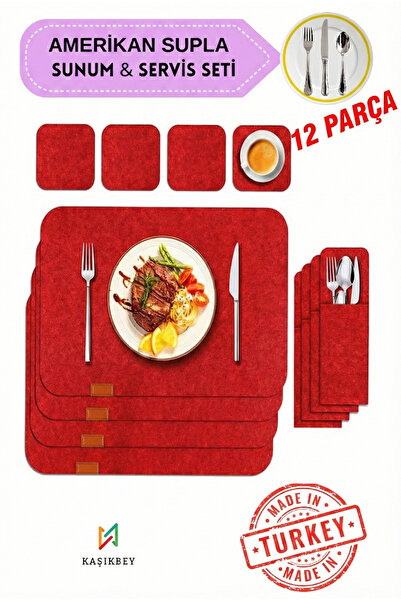 KAŞIKBEY Kırmızı 12 Parça 4 kişilik Şık Tasarım Amerikan Yemek Servis Supla S...