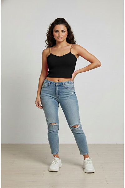 NWM Kadın Siyah Zincir Askılı Kalp Yaka Crop Büstiyer