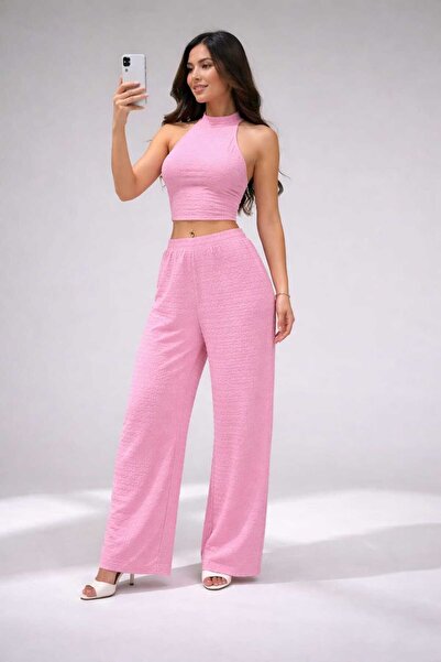 CASUALSTYLE Women's Pink Halter Neck Crop Blouse and Wide Leg Pants Set