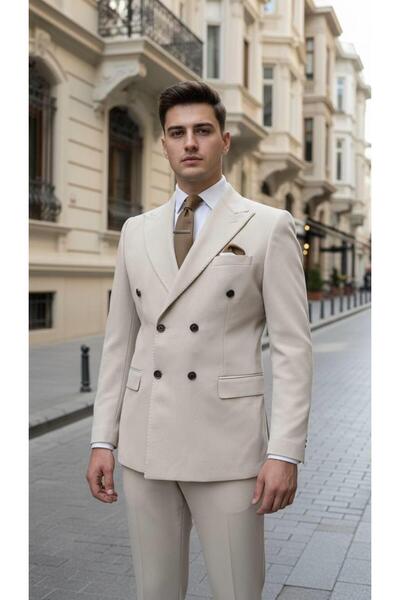 Salihtarzz Slim Fit İtalyan Kesim Krem Kruvaze Erkek Takım Elbise (Premium) –...