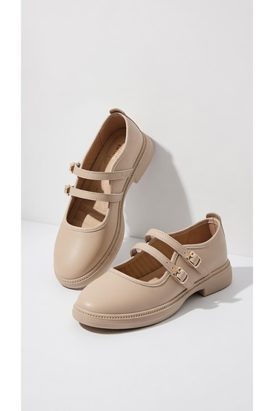 Eray Women's Beige, Buckle-Detailed, Soft, Lightweight, Everyday Ballet Flats