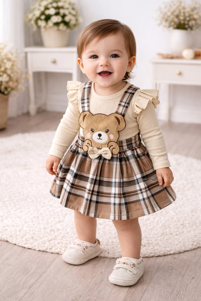 AKİ MODA KİDS Baby Girl 2-Piece Plaid Suspender Salopet Dress Set with Teddy ...