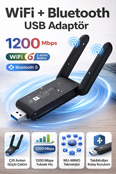 Dimute Shop WiFi 6 1200 Mbps Dual Band USB Wireless + Bluetooth Adaptör 2.4GH...