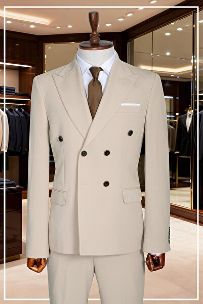 Salihtarzz İtalyan Kesim Slim Fit Krem Kruvaze Takım Elbise | Yaka Puntolu Öz...