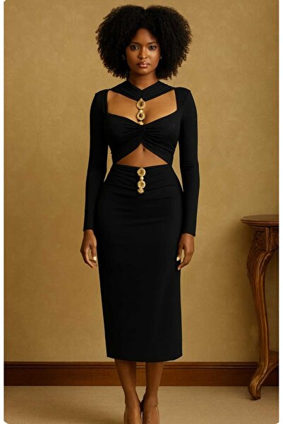 Divin store Black midi dress with cutouts and gold details