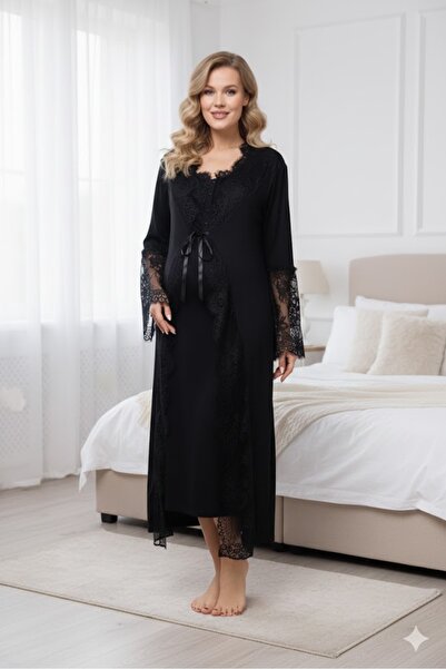 Lohusa Dünyasi Kadın Siyah Dantelli Lohusa Hamile Gecelik Sabahlık Takım Seti