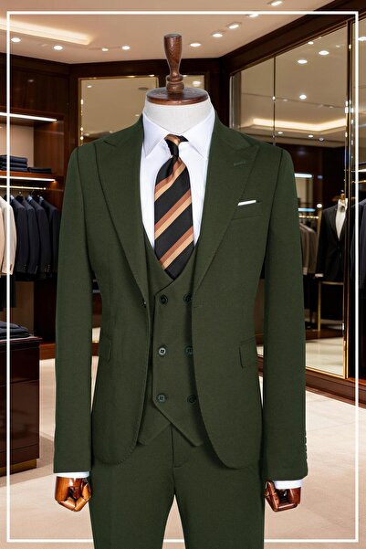 Salihtarzz İtalyan Kesim Slim Fit Yeşil Yelekli Takım Elbise | Yaka Puntolu Ö...