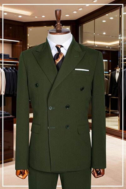 Salihtarzz İtalyan Kesim Slim Fit Yeşil Kruvaze Takım Elbise | Yaka Puntolu Ö...