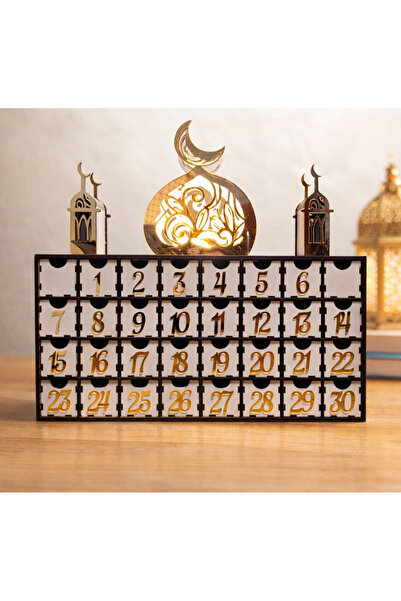 ERGEÇ TASARIM Led Işıklı Ramazan Takvimi – Sarı Pleksi Rakamlı – 30 Gözlü Ahş...