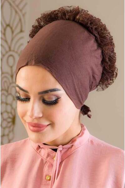 Aişe tesettür Bonetă maro fără cusături cu volane