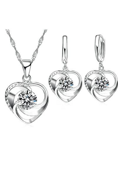 CRM Women's Jewelry Set, CRM, Heart Necklace and Earrings with Crystal, Silver
