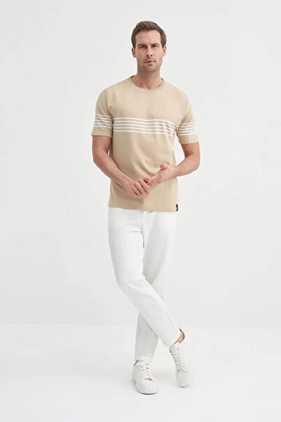 Cazador Regular Fit Striped Ecru Men's T-Shirt 30400