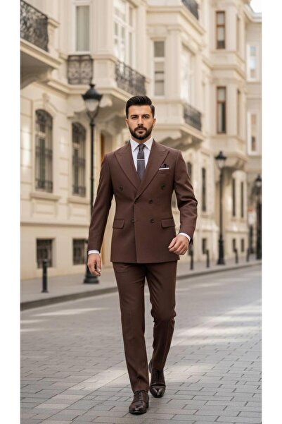 Salihtarzz Slim Fit İtalyan Kesim Kahve Kruvaze Erkek Takım Elbise (Premium) ...