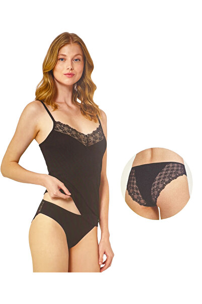 MUK's Black Lace Top and Bottom Lingerie Set 92% Viscose 8% Elastane