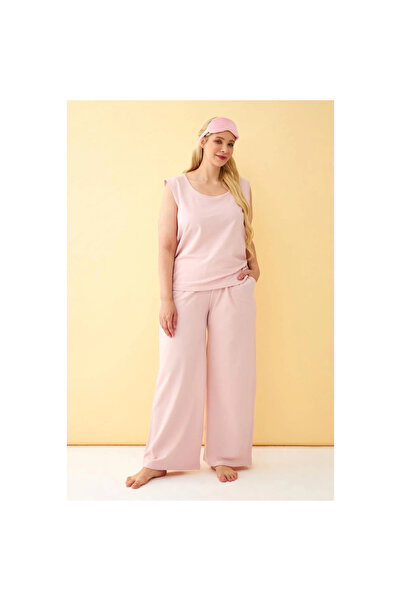 Narnuga Mi̇ray- Women's Pink Plus Size Combed Cotton Top and Bottom Set