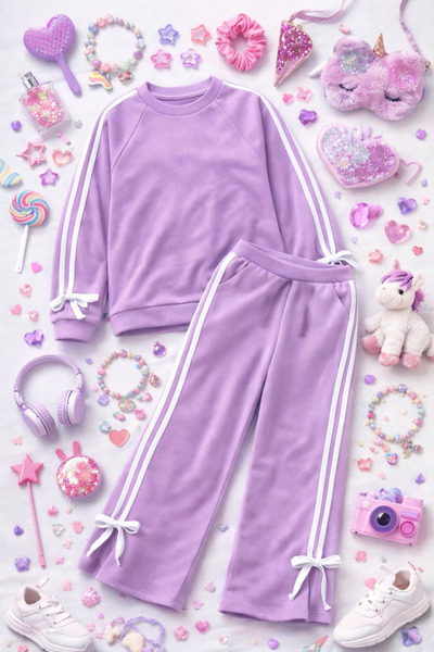 CALİSA Girl's 4-16 Years Old Striped Detailed Ribbon Tracksuit Set Cotton