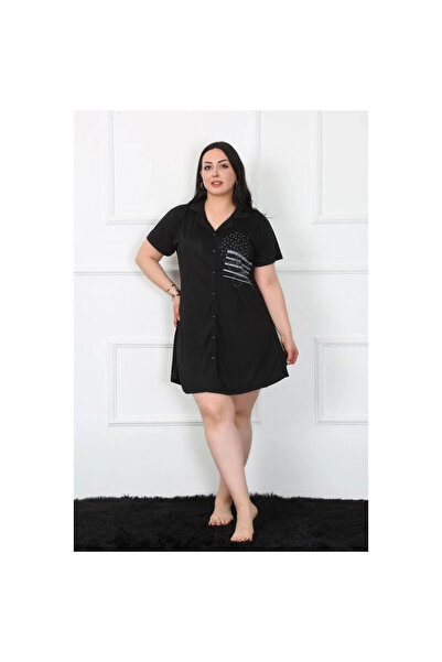 Narnuga Mi̇ray- Large Size Combed Cotton Buttoned Black Tunic Nightgown