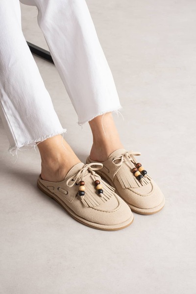 diclepolat Women's Beige Suede Sabo Slippers with Tassels and Bead Detail, Co...