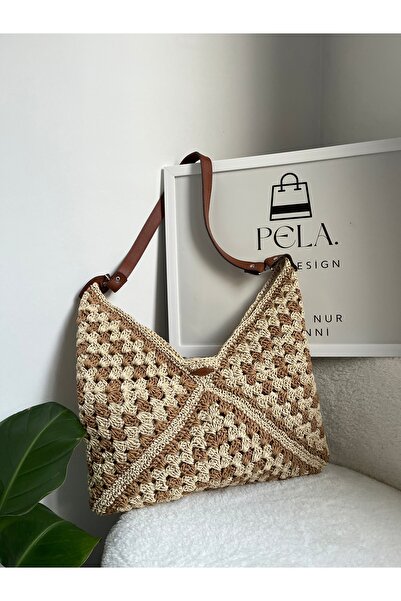 Pela Motif Örgü Hasır İç Astarlı Kadın Kol Çantası El Örgüsü
