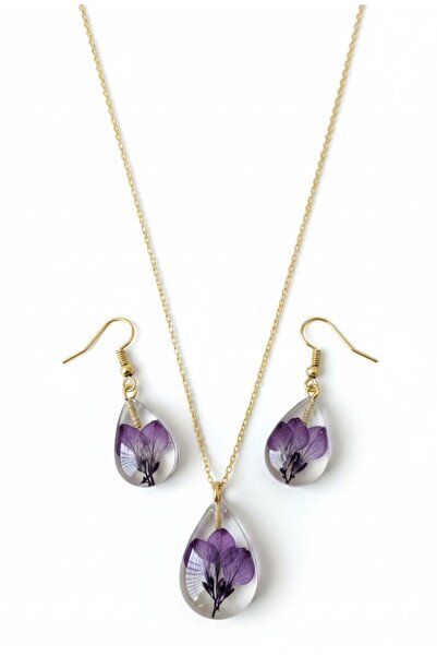 Markasız ucuz Epoksi Reçine Gerçek Kurutulmuş Mor Çiçekli Damla Kolye & Küpe ...