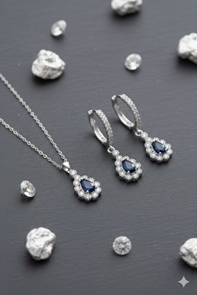 ADA LİFE GÜMÜŞ (ÖZEL KUTULU) 925 Ayar Gümüş Damla Lacivert Taşlı Model Zirkon...