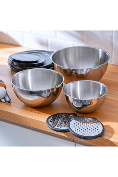 Roomlyne وعاء خلط ومبشرة من الفولاذ مكون من 3 قطع - 16/20/24 سم