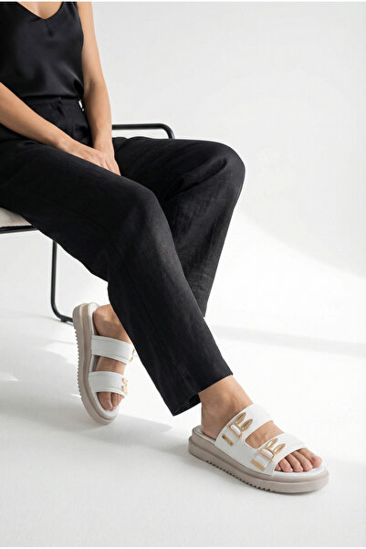 Riccon Women's Double Buckle Slippers 00120415 White