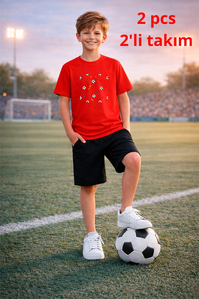 genosha Set de tricou și pantaloni scurți 2 în tricou cu tematică fotbal cu i...
