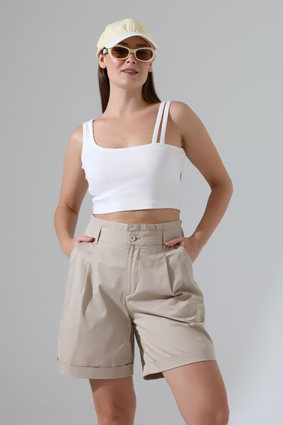 Major Kadın Bej Renk Önü Pileli Yüksek Bel Etek