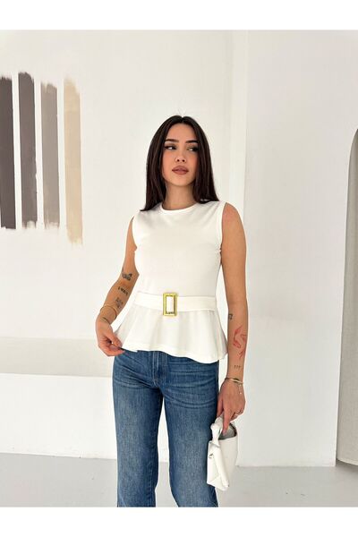 gozdefashion Women's Belt Detailed Flounce Blouse