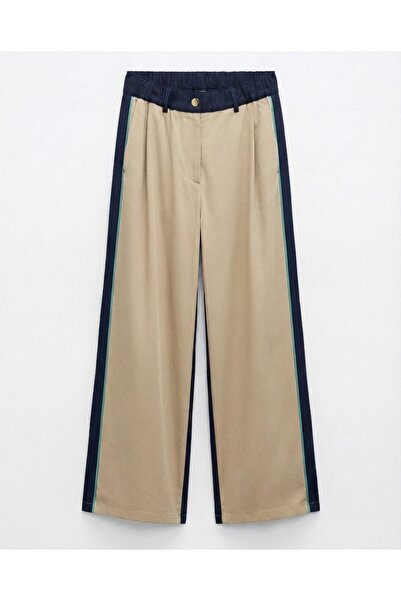 Quzu Stripe Detailed Design Satin Trousers - Navy Blue
