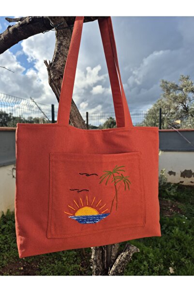 Handream Sunset/Palm Embroidered Detailed Cloth Tote Shoulder Bag