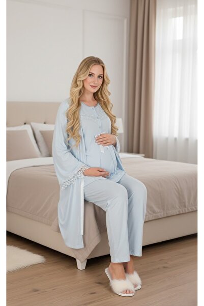 Lohusa Homewear New Season Blue Long Sleeve Lace Detailed Buttoned Stylish Ma...