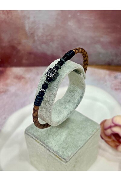 MASAL TAKI&AKSESUAR Premium Leather Men's Bracelet |   Black Onyx Stone Cube ...