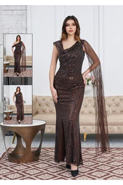Oliver Long Brown Evening Dress with One Shoulder and Shiny Embroidery