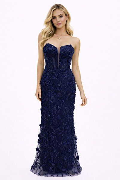 Hüseyin Baştürk Straplez Çiçek Desenli Balık Abiye