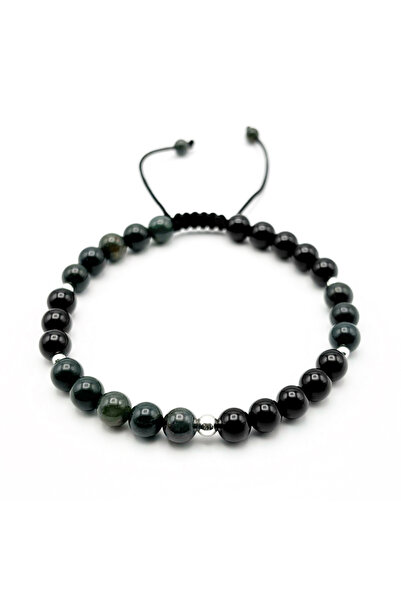 BIJUTERIA NEAGRA Brățară cu bile din argint 925 și pietre de onix și agat indian
