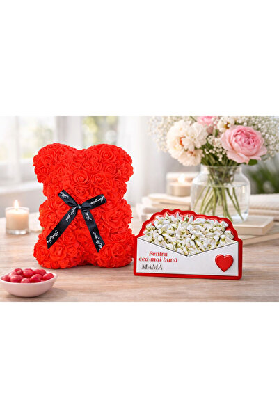 OEM March 8th Gift Rose Bear 25cm Foam Flowers and Magnet - Red